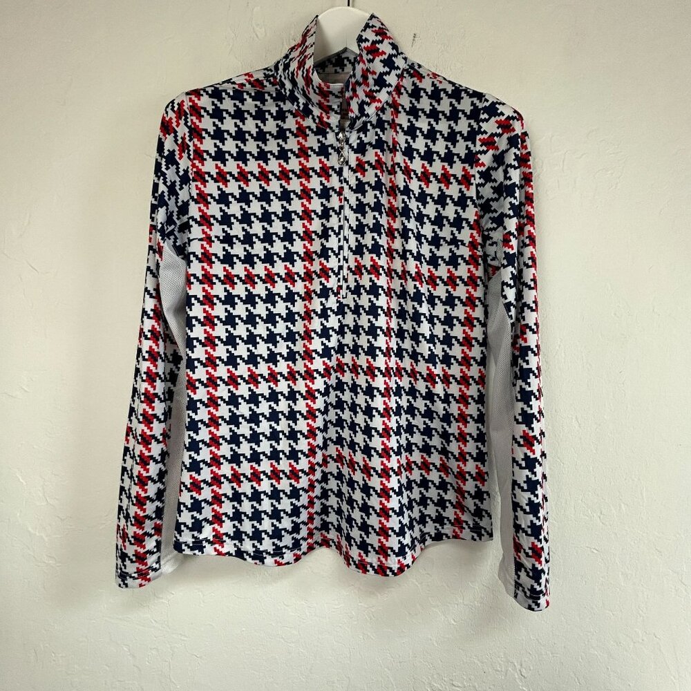 Sansoleil Womens Long Sleeve Houndstooth 1/4 Zip Shirt Top Medium UPF 50 Stretch